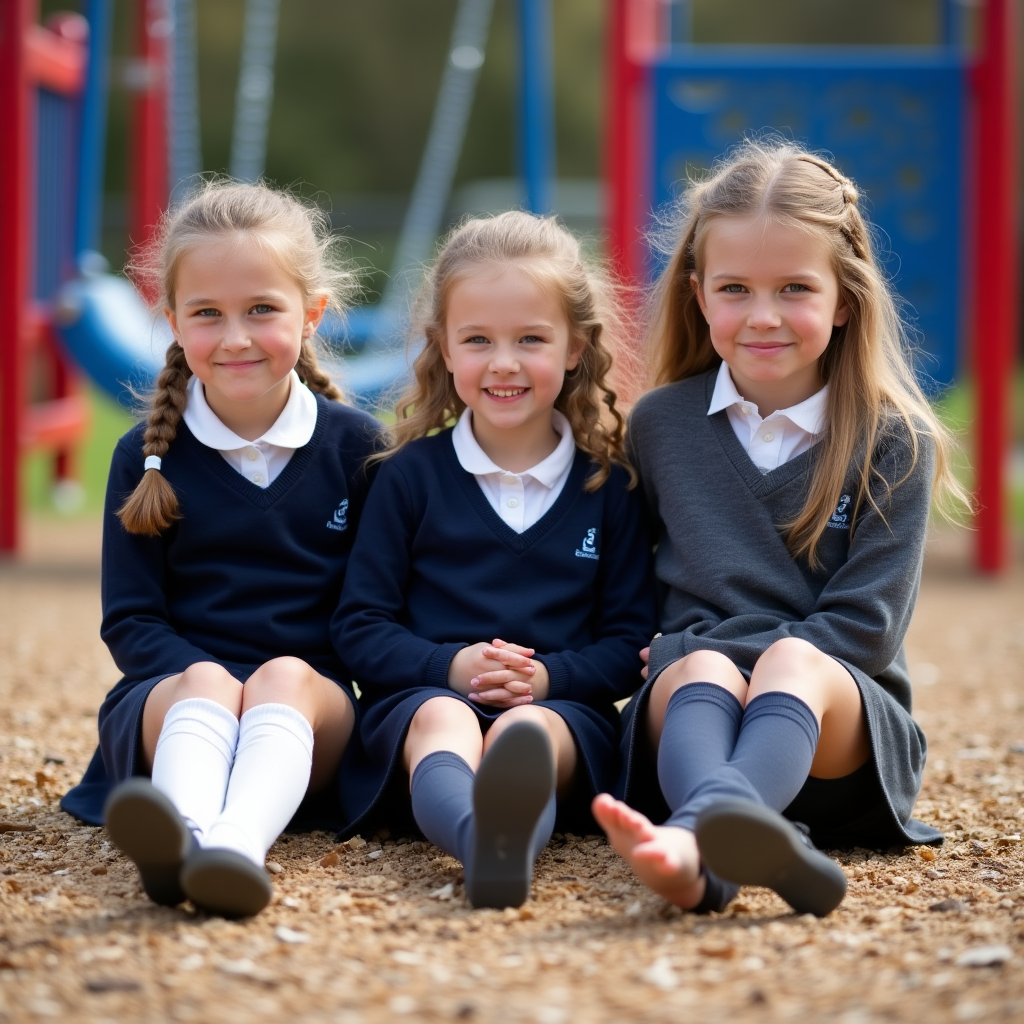 Three young British girls in traditional navy blue and grey school uniforms sit together on a playground, feet stretched out in front of them as they playfully wiggle their toes. One girl wears white ankle socks, another wears knee-high socks, and the third girl has one bare foot. The girls sit on a woodchip-covered ground with red and blue playground equipment visible in the background, including swings and a climbing frame. Documentary-style photography with natural lighting and sharp focus on the subjects against a blurred playground background.