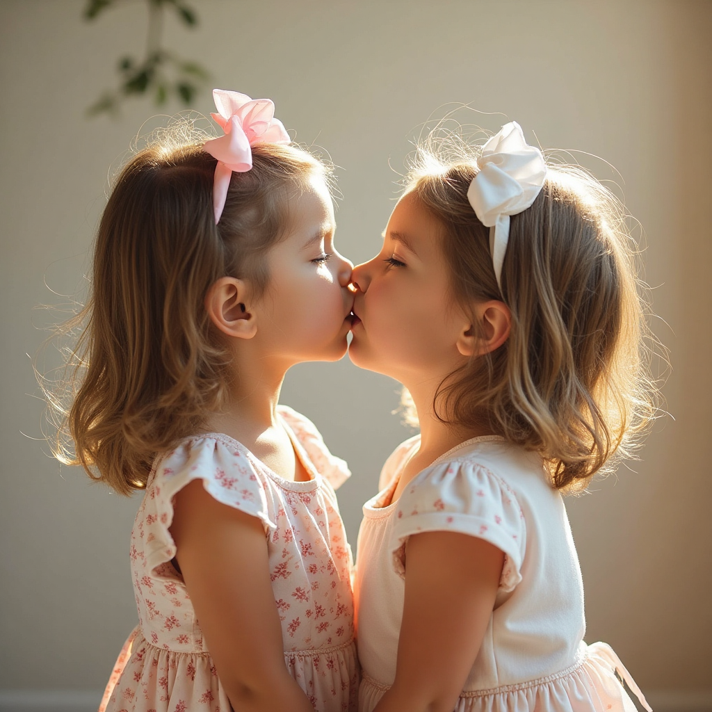 Child little kiddie twins sisters kissing each other mouth open to mouth open kissing deeply