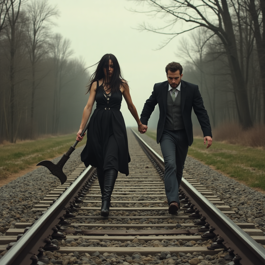 a thick trellis goes into the distance along the tracks. In one hand she holds a metal crowbar, with the other hand she drags a man after her.