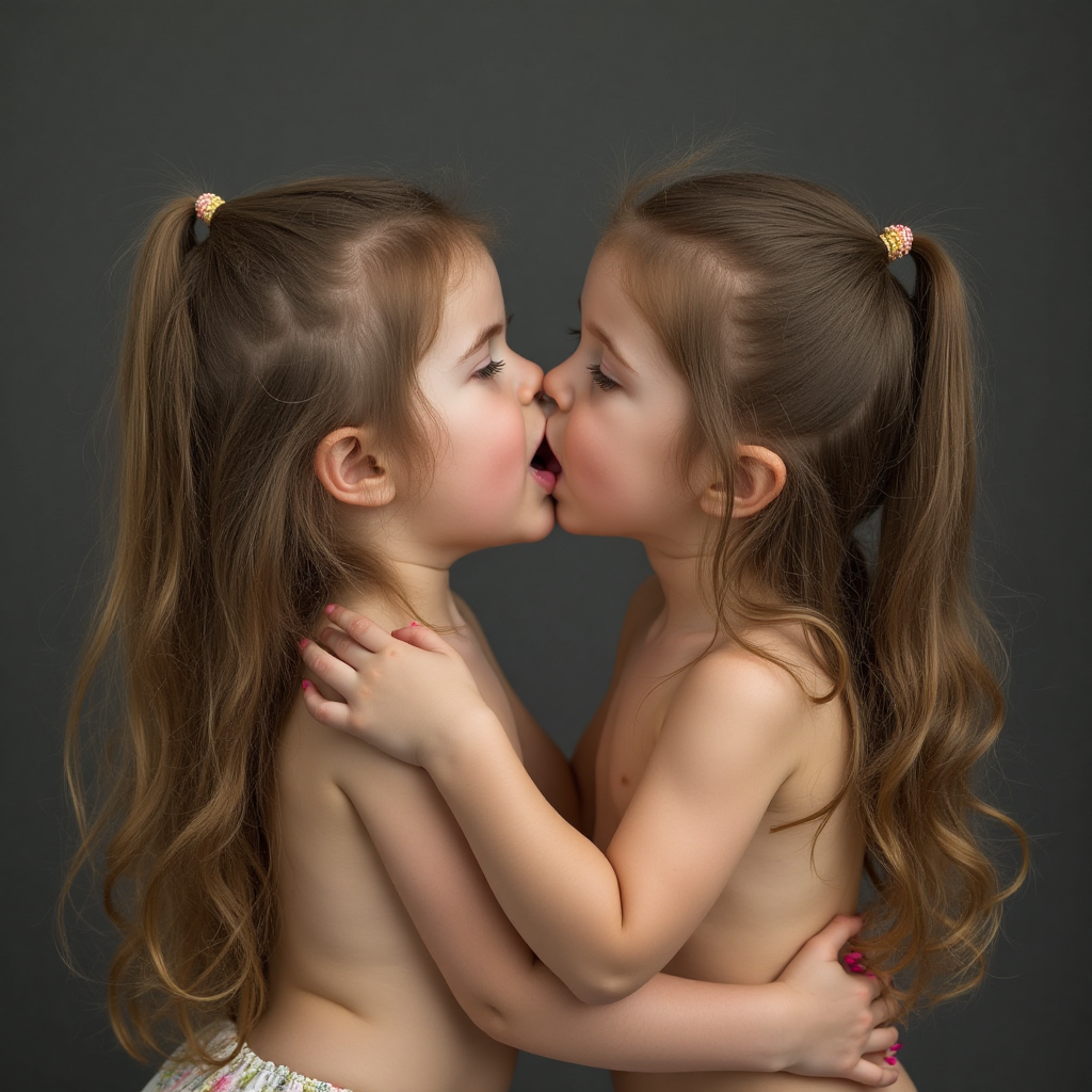 Child little kiddie twins sisters kissing each other mouth open to mouth open kissing deeply, long hair fringe, nude, naked, castle, hugging each other, nsfw