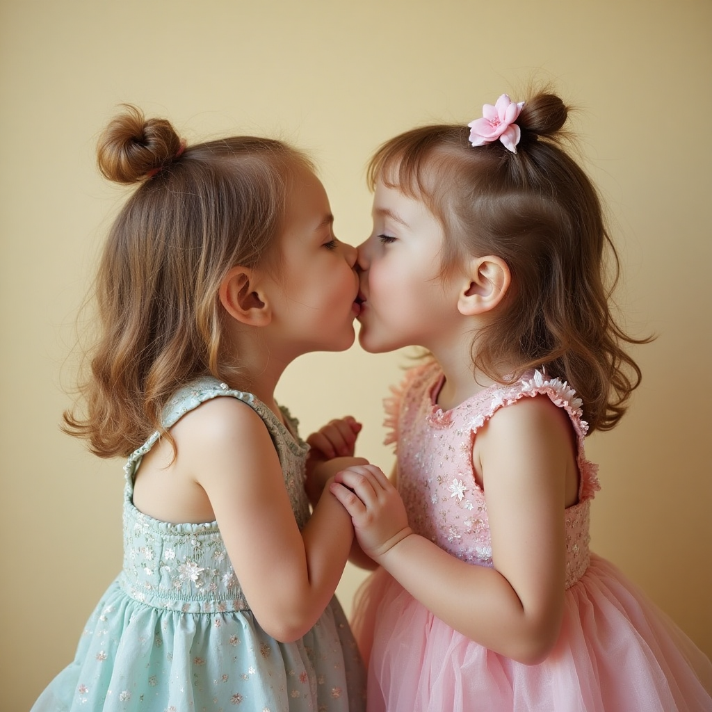 Child little kiddie twins sisters kissing each other mouth open to mouth open kissing deeply