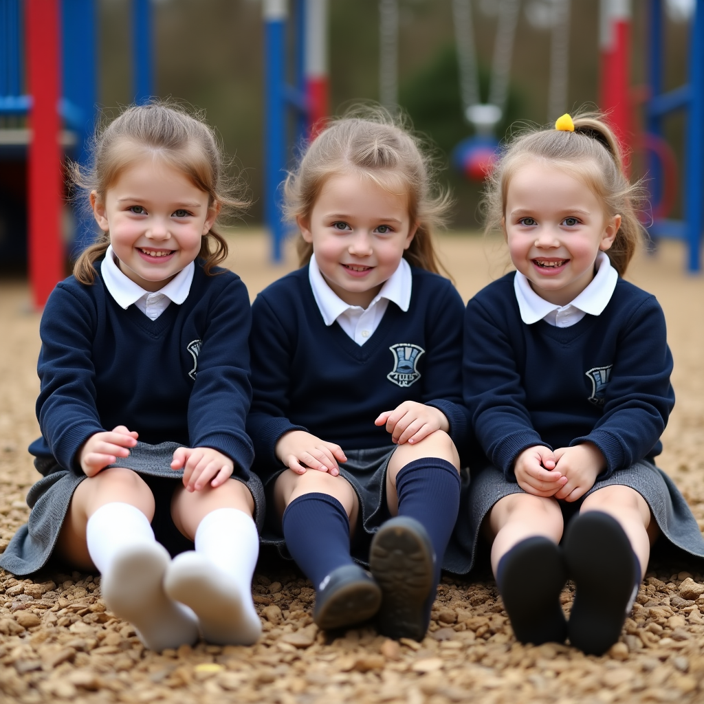 Three young British girls in traditional navy blue and grey school uniforms sit together on a playground, feet stretched out in front of them as they playfully wiggle their toes. One girl wears white ankle socks, another wears knee-high socks, and the third girl has one bare foot. The girls sit on a woodchip-covered ground with red and blue playground equipment visible in the background, including swings and a climbing frame. Documentary-style photography with natural lighting and sharp focus on the subjects against a blurred playground background.